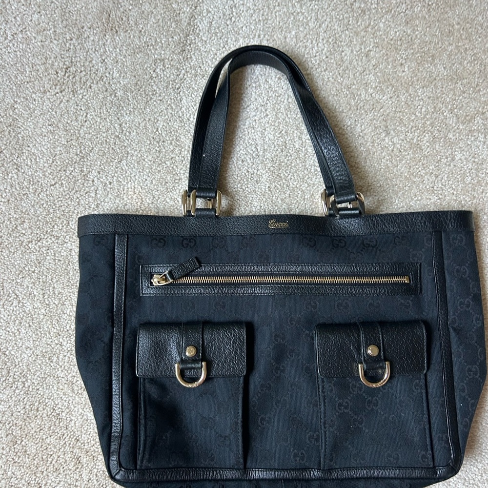Gucci Black Monogram Tote with Gold Accents